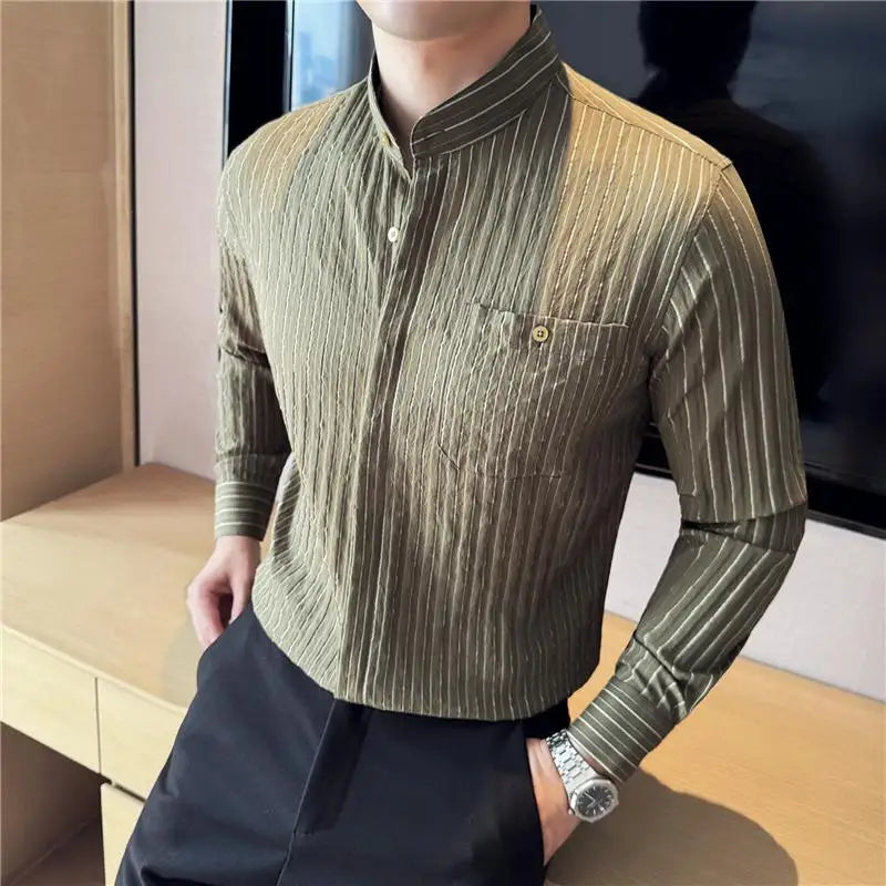 Men's Striped Stand Collar Long Sleeve Single Breasted Shirt