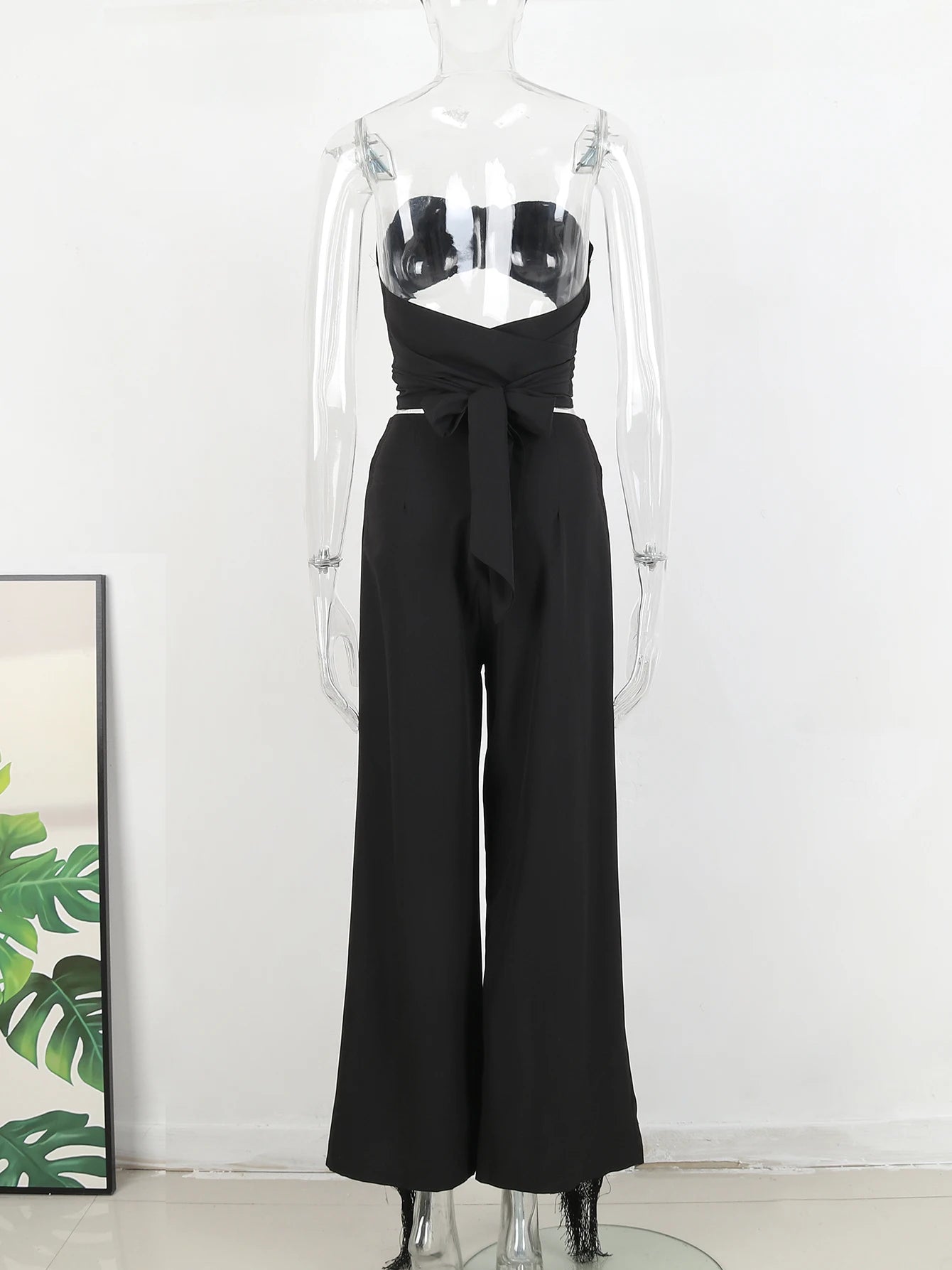 Women's Strapless Tie-Flower Crop Top & High Waist Wide Leg Trousers Set