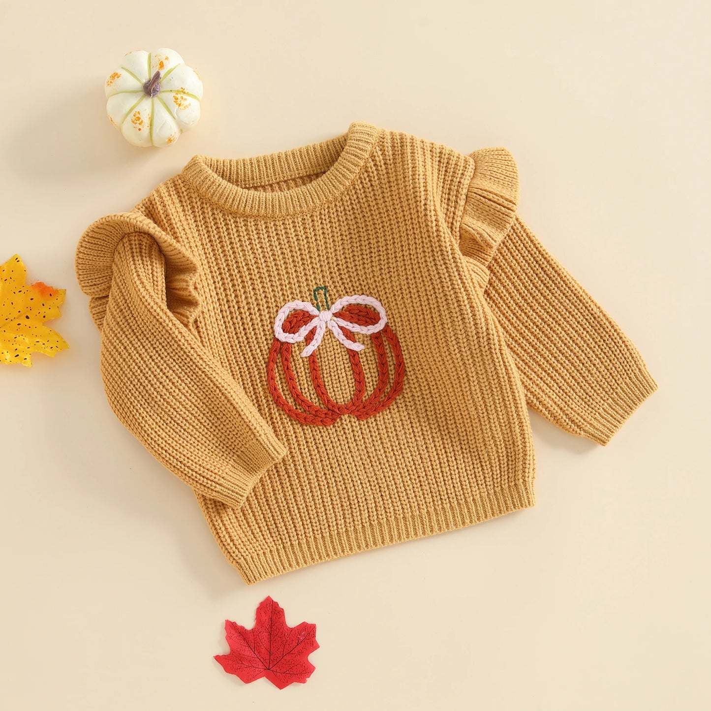 Baby Fall Sweater - Bow Pumpkin Embroidery Round Neck Knit Pullover