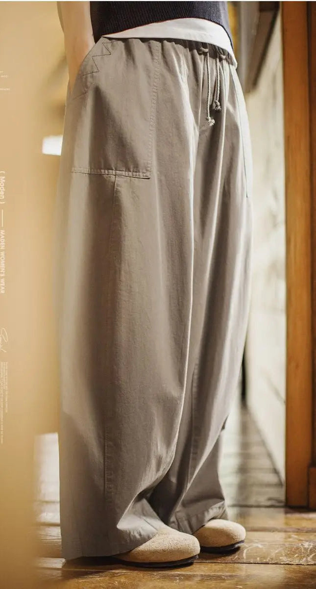 Women's Wide Leg Cargo Trousers - Khaki Elastic Waist Pocket Pants