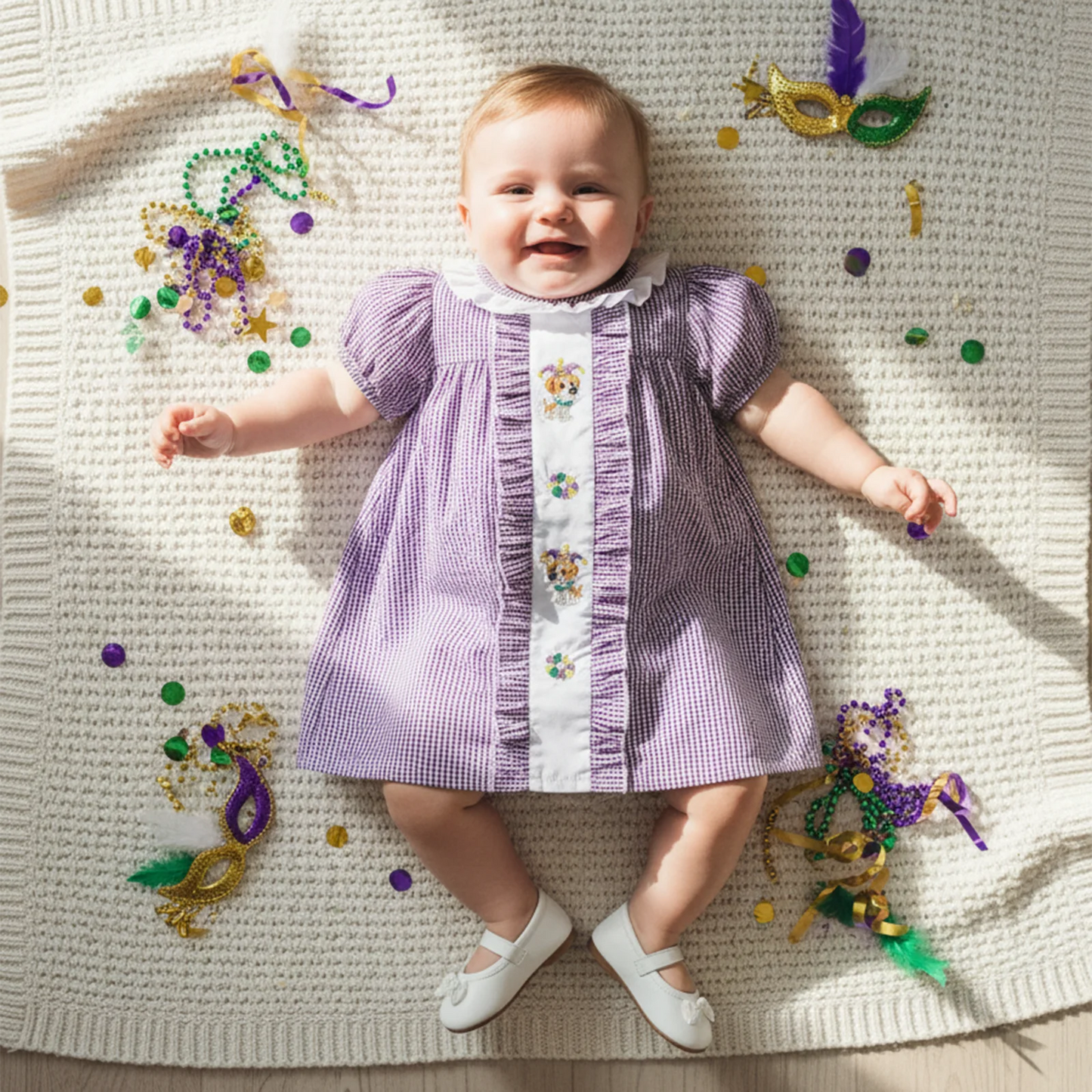 Girls Plaid A-Line Dress - Cartoon Embroidered Ruffle Trim Short Sleeve