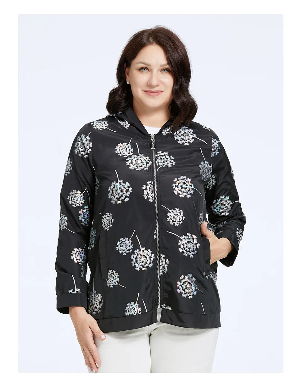 Women's Oversized Hooded Flower Print Zip Windbreaker Jacket