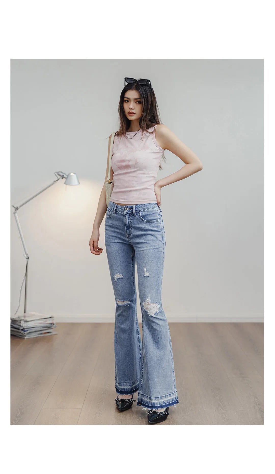 Women's Ripped Bell-Bottom Flare Jeans | 9oz Cotton Denim | Vintage High Street | Light Blue