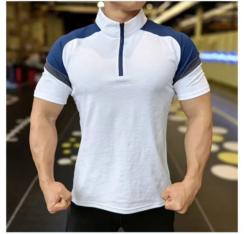 Men's Fitness Running Half Zip Training High Elasticity Muscle T-Shirt