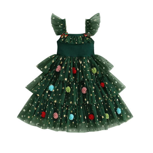Girl's Christmas Princess Dress - Star Ball Square Neck Layered Tulle A-Line