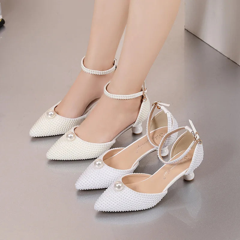 Women's 5cm Round Heel Shaped Heel Pearl Sandals