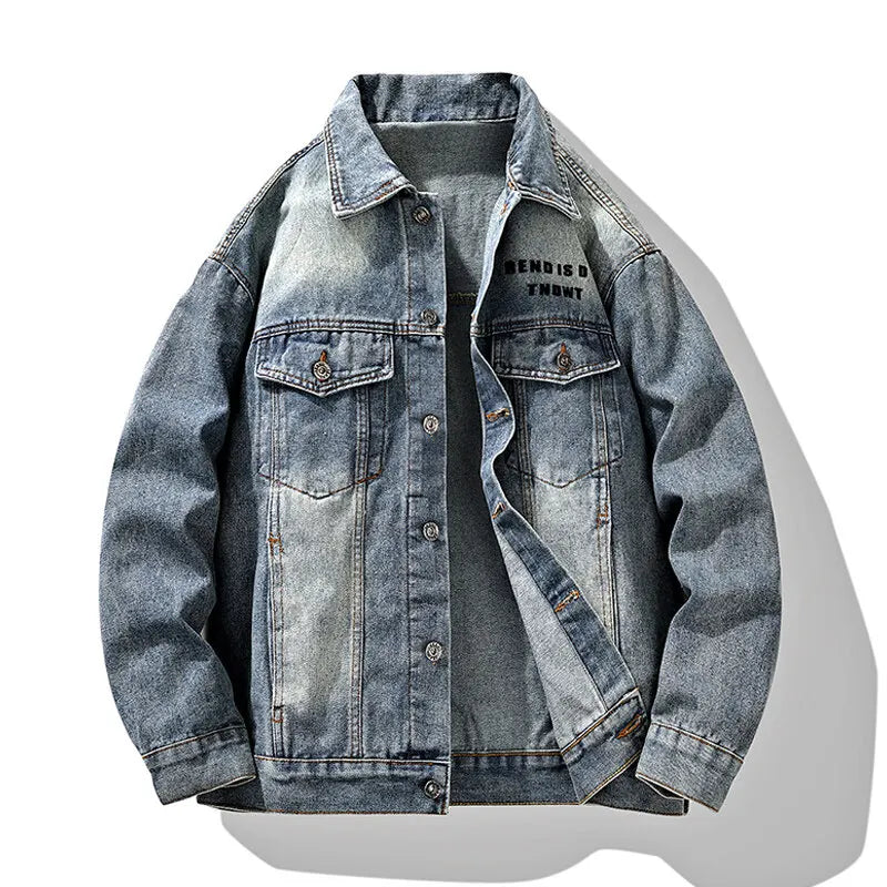 Men's Moto Biker Denim Jacket - Vintage Turn Down Collar Cotton Jean Jacket