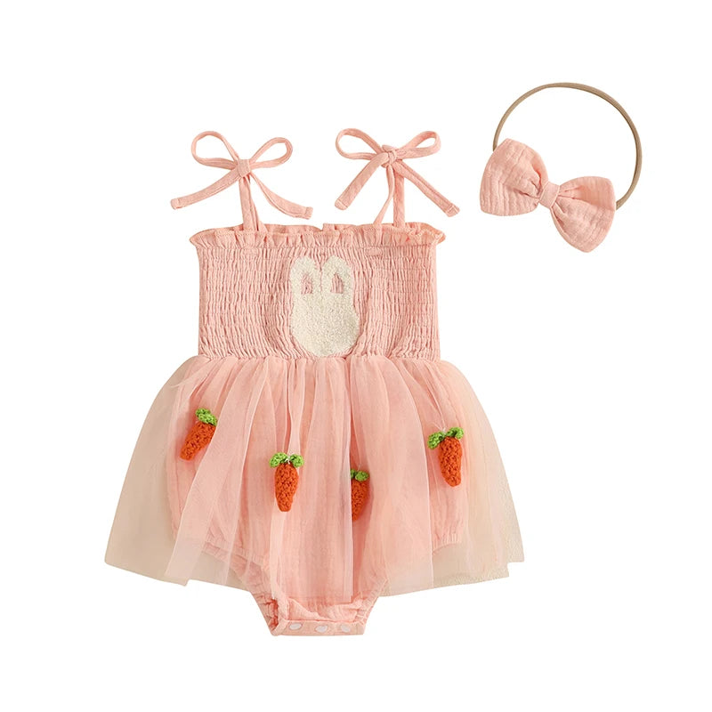 Baby Girls Easter Romper Dress with Headband - Rabbit Carrot Embroidery Tulle Jumpsuit