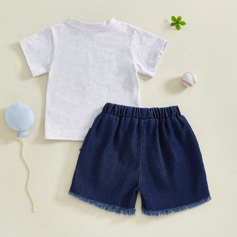 0-4Y Children, Kids Boys Summer Clothes Sets Letter Baseball Print Short Sleeve T-Shirt with Denim Shorts Outfit