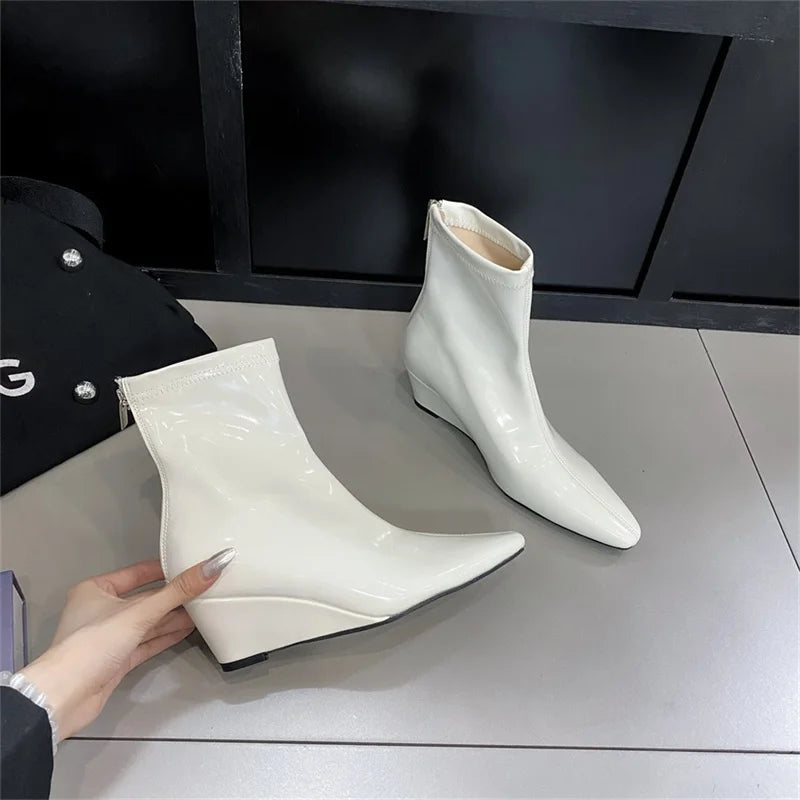 Patent Leather Pointed Toe Chelsea Ankle Boots | Wedge Heel & Rear Zip