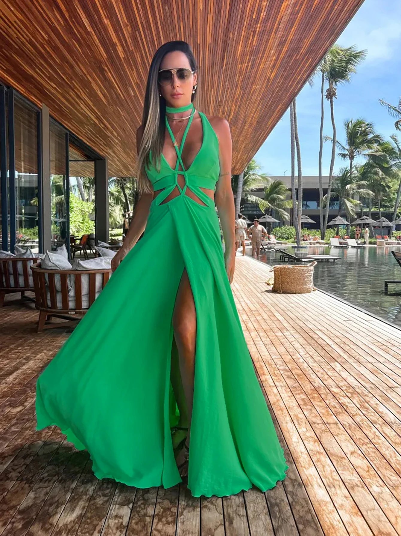 Women's Halter Neck Tie Backless Beachwear Green Cover Up Long Dress