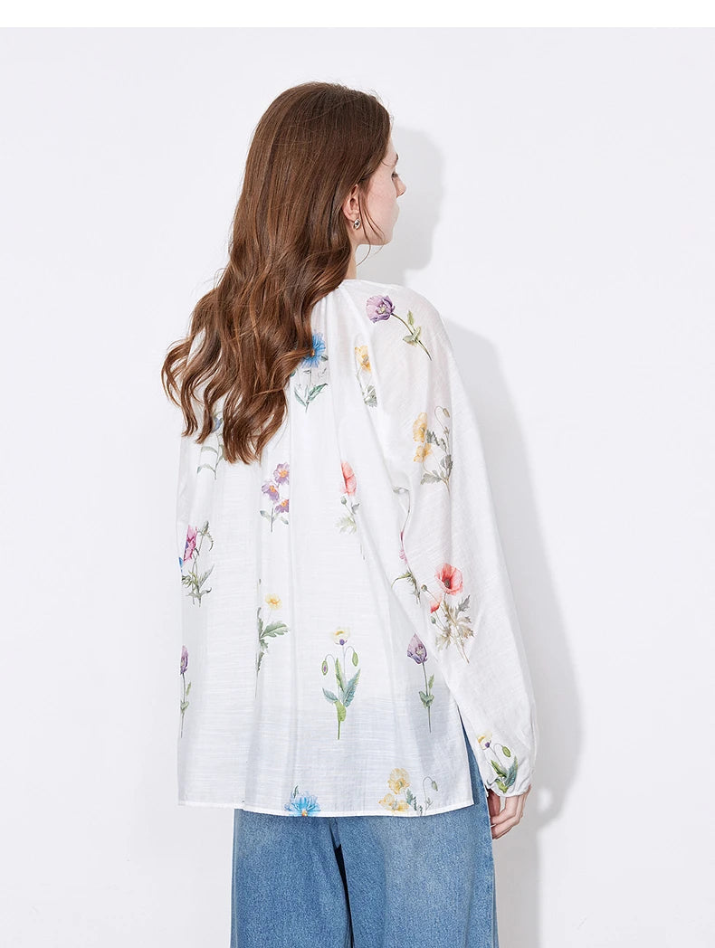 Women's Linen Blend Floral Print Blouse | Lantern Sleeves | O-Neck | Loose Fit | White | Spring Summer