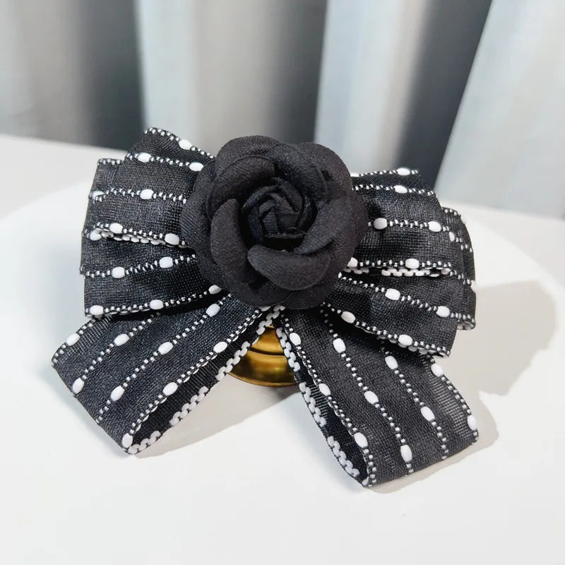 Fabric Art Bow Tie Camellia Flower Brooch - Women's College Style Shirt Necktie Fashion Accessory