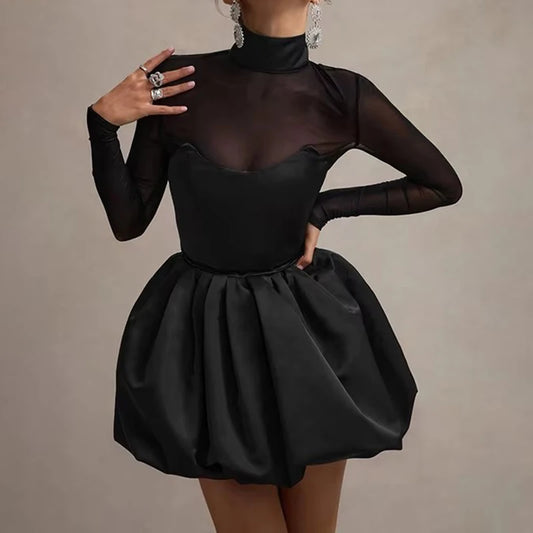 Women's Mesh Splice Long Sleeve Bud Turtleneck High Waist Folds Mini Dress