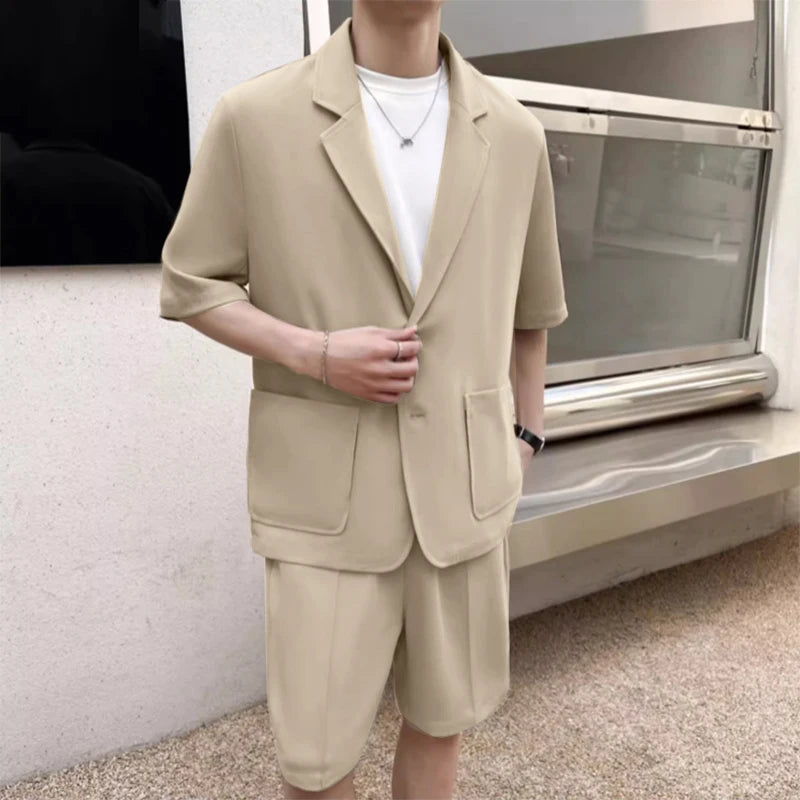 Men's Lapel Short Sleeve Blazer & Shorts Two Pieces Set Suit