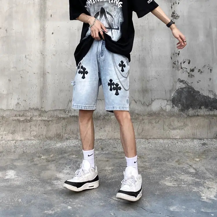 Men's Versatile American Cross Embroidery Washed Denim Shorts