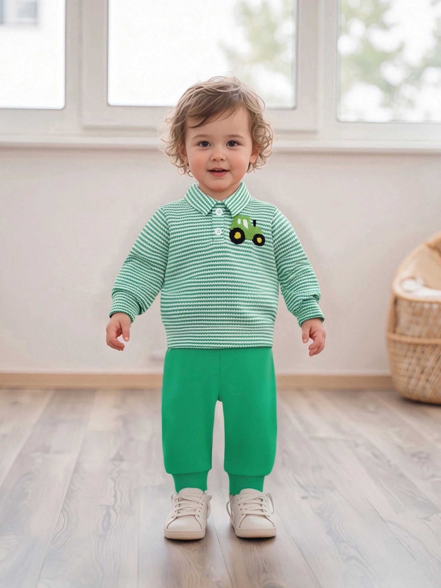 Infant Baby Boys Fall Winter Clothes Set - Long Sleeve Truck Embroidery Striped Top & Elastic Waist Pants