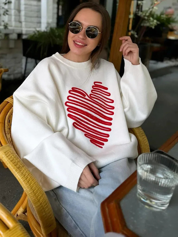 Women's Heart Knitted Loose Pullovers Long Sleeve Sweater