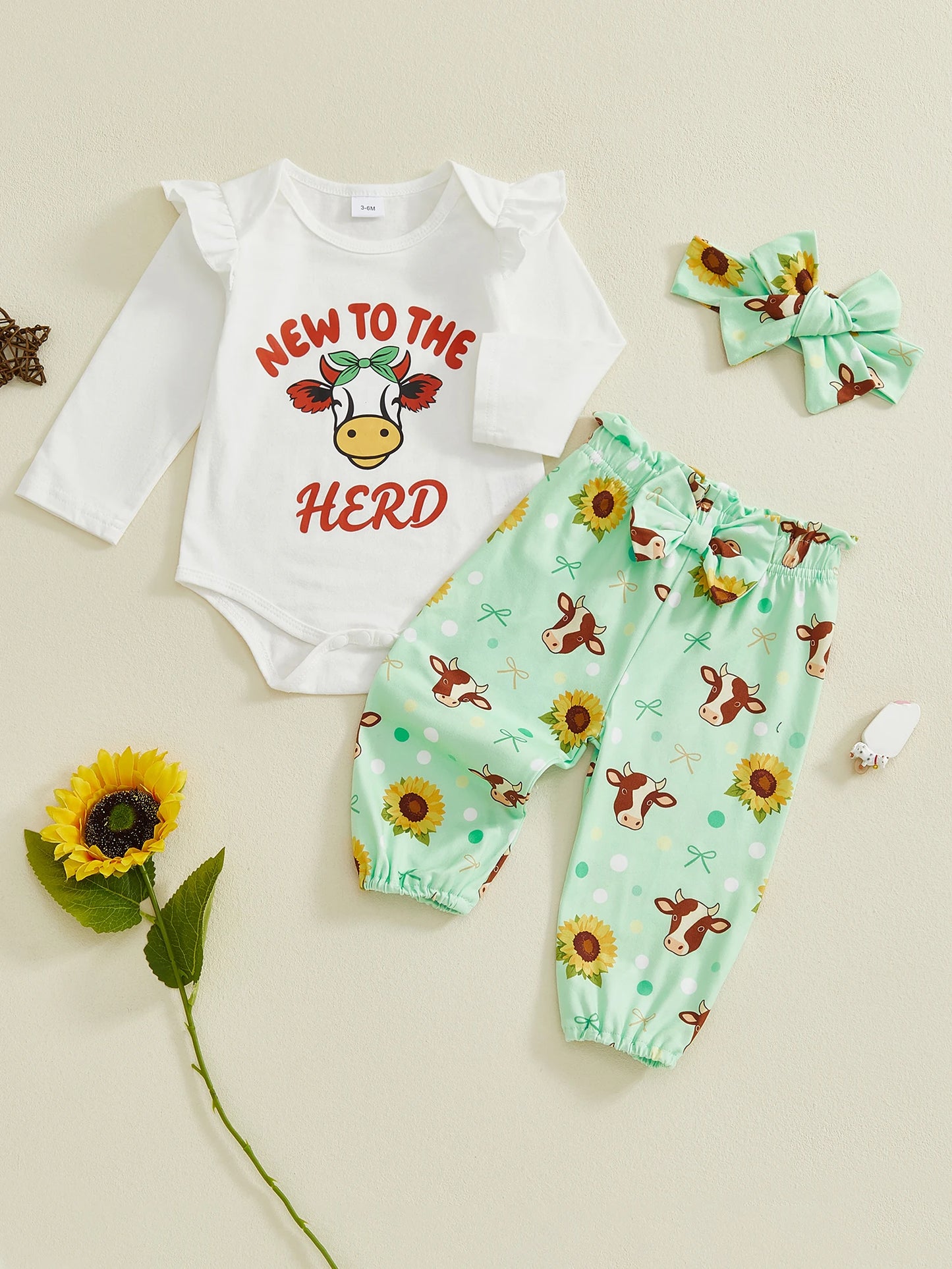 Baby 3-Piece Outfit Set - Cow Print Letter Romper, Pants & Headband