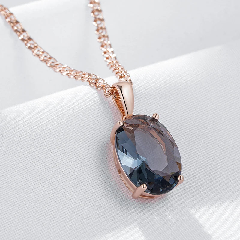 Women's Oval Grey Crystal Pendant Necklace  585 Rose Gold Colour With Natural Zircon