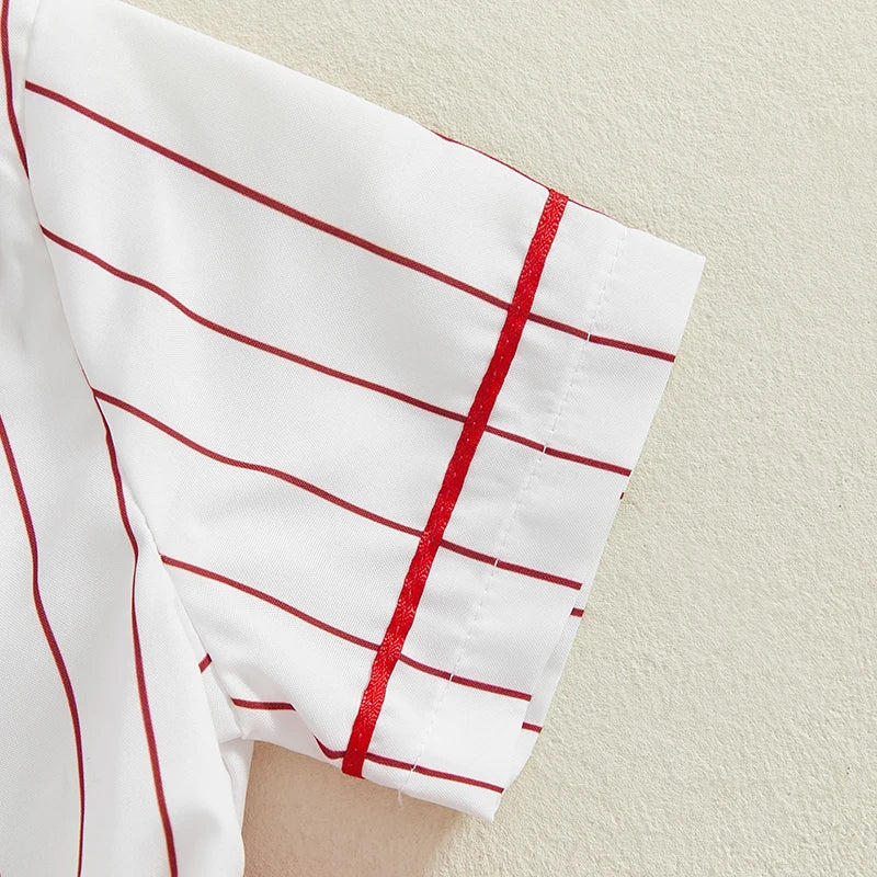 0-4Y Kids Girls Summer Baseball Dress Striped Short Sleeve Single Breasted Back Letter Print Dress with Belt