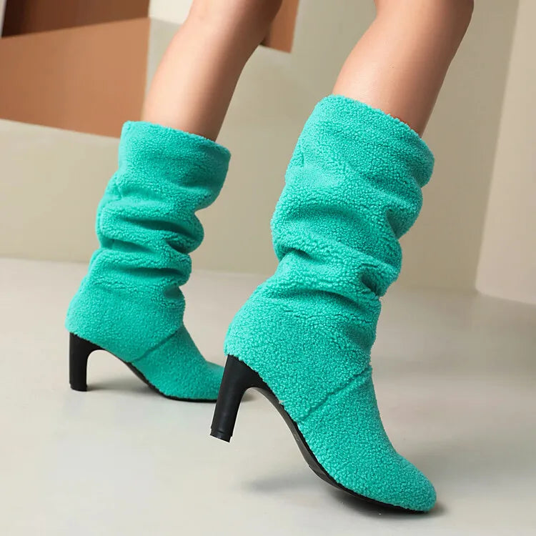 Faux Fur Lined Knee High Boots - 7cm Square Heel Winter Boots