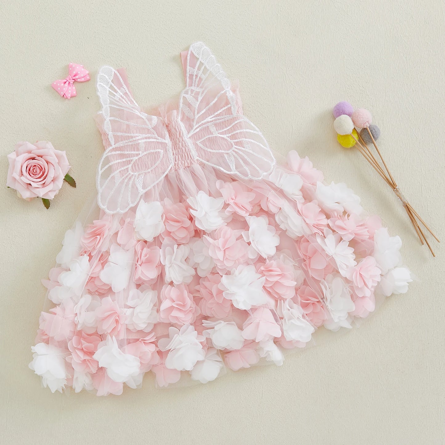 0-4Y Kids Girls Sleeveless Strap 3D Roses Lace Tulle Layered Dress with Wings