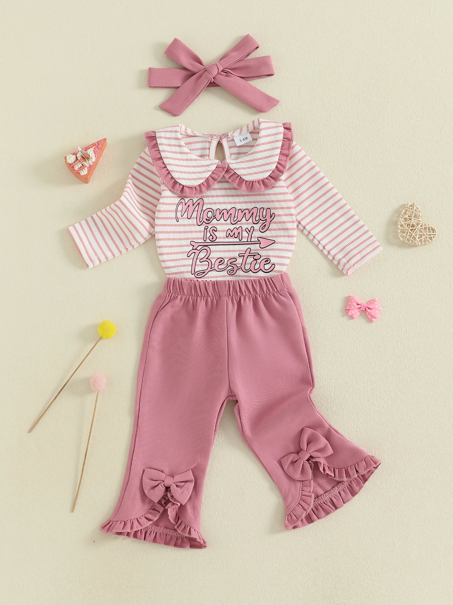 Baby Girls Striped Outfit Set - 3-Piece Long Sleeve Doll Collar Jumpsuit, Flared Pants & Headband (0-18M)