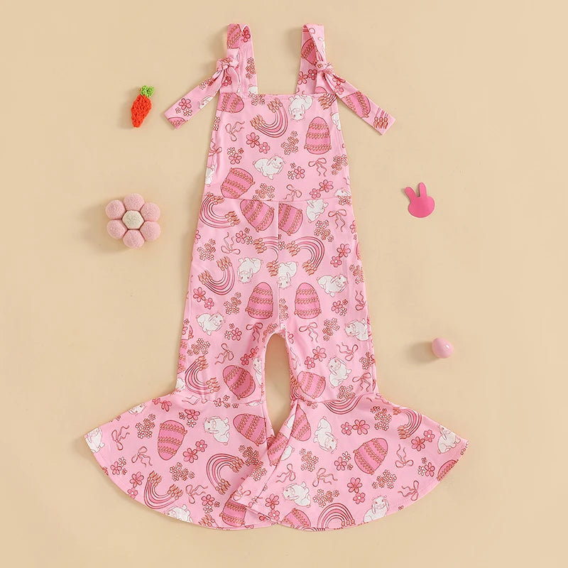 Girls' Easter Romper Pants - Sleeveless Floral Rabbit Print Suspender Jumpsuit