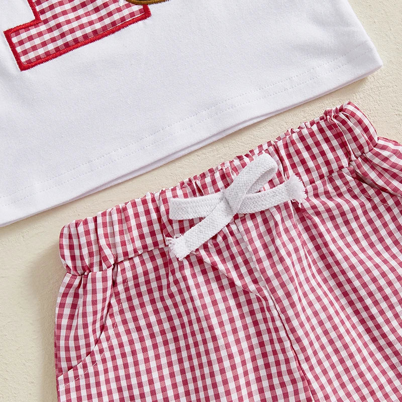 Summer Baby Boys Birthday Baseball Outfit Set - Letter Embroidery T-Shirt & Plaid Shorts (0-3Y)