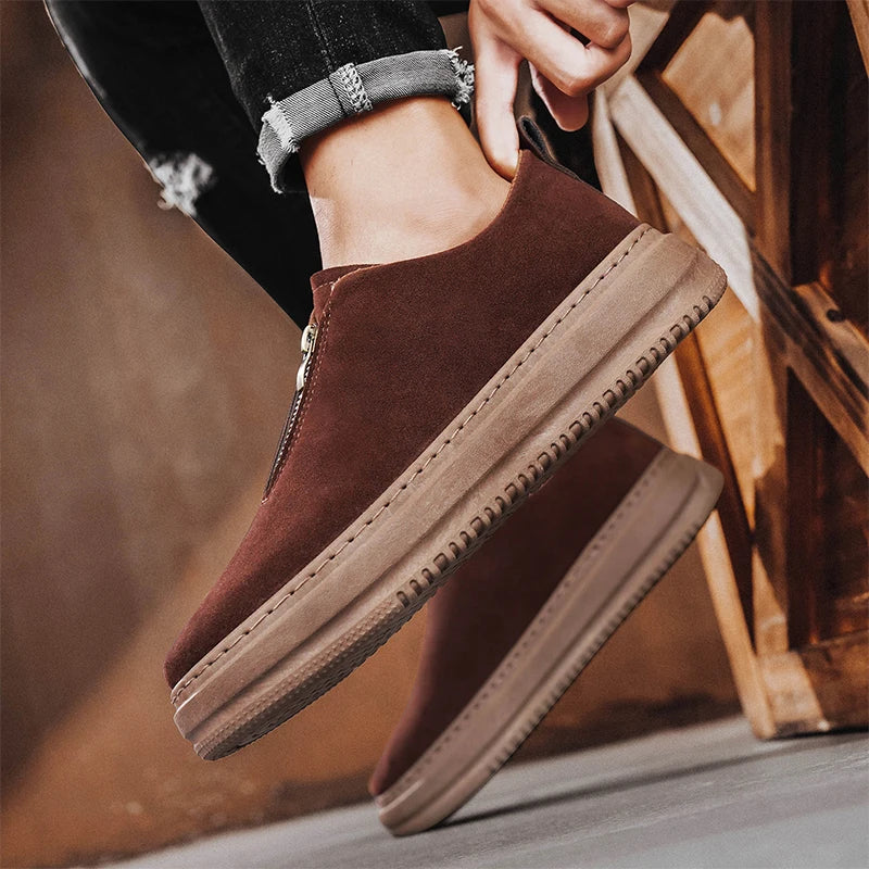 Men's Suede Leather Platform Work Shoes - Zipper Casual Business Sneakers