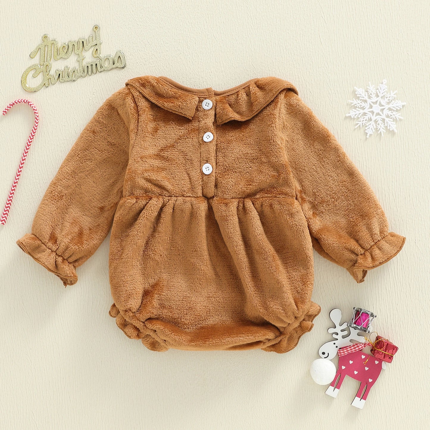 Baby Girls Christmas Romper - Plush Gingerbread Costume with Bow Detail