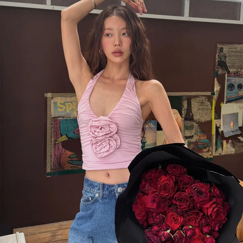 Women's Pink Floral Applique Halter Top - Y2K Backless Ruched Cropped Coquette Vest