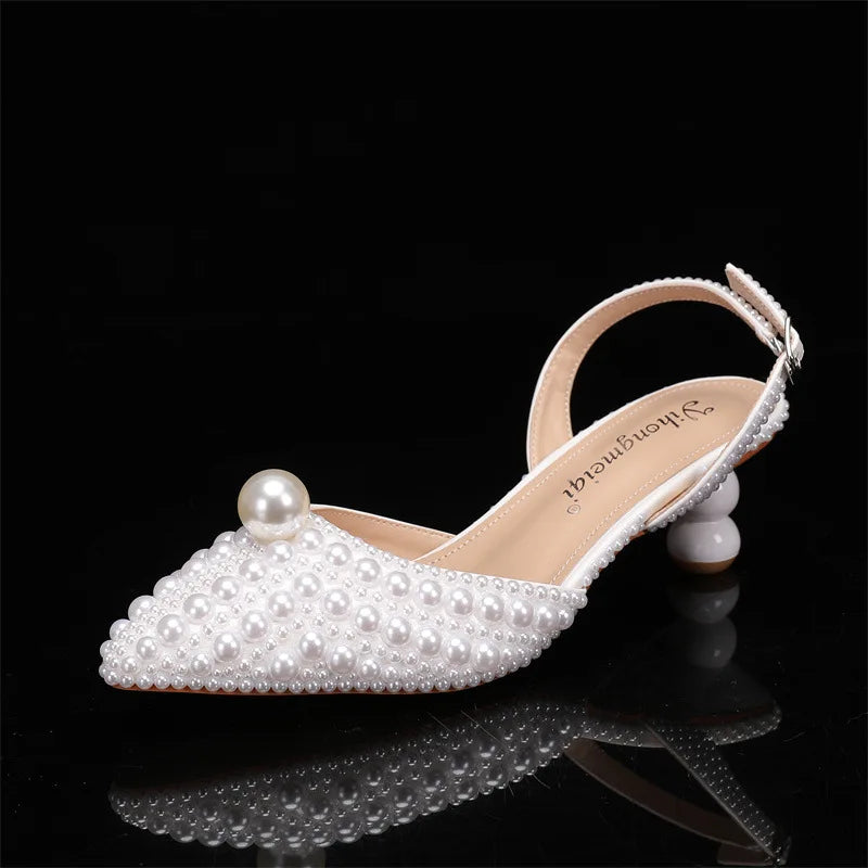 Women's 5cm Round Heel Shaped Heel Pearl Sandals