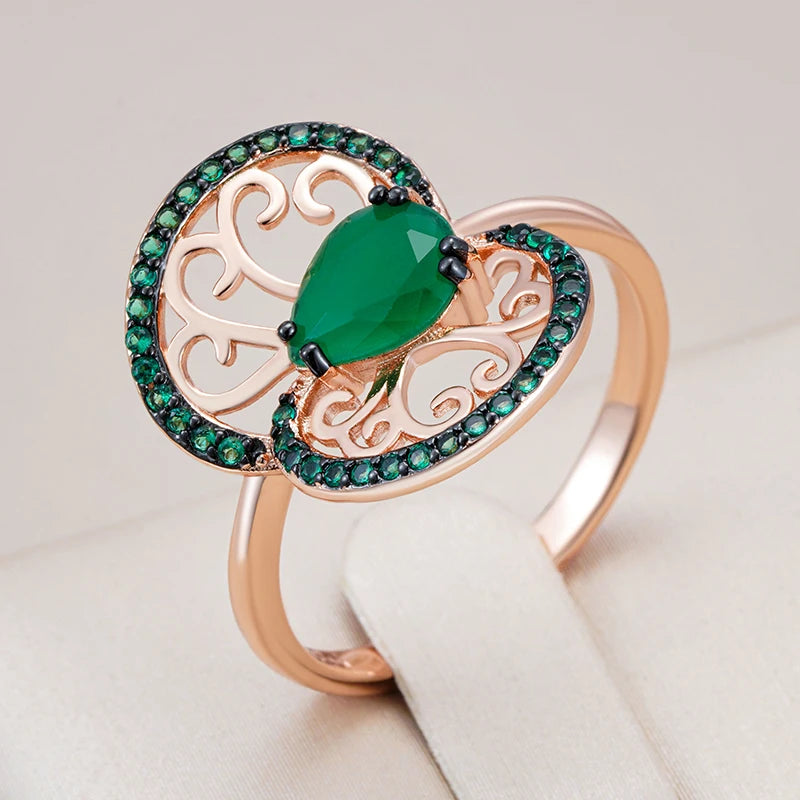 Women 585 Rose Gold and Black Plating Vintage Green Natural Zircon Crystal Flower Rings