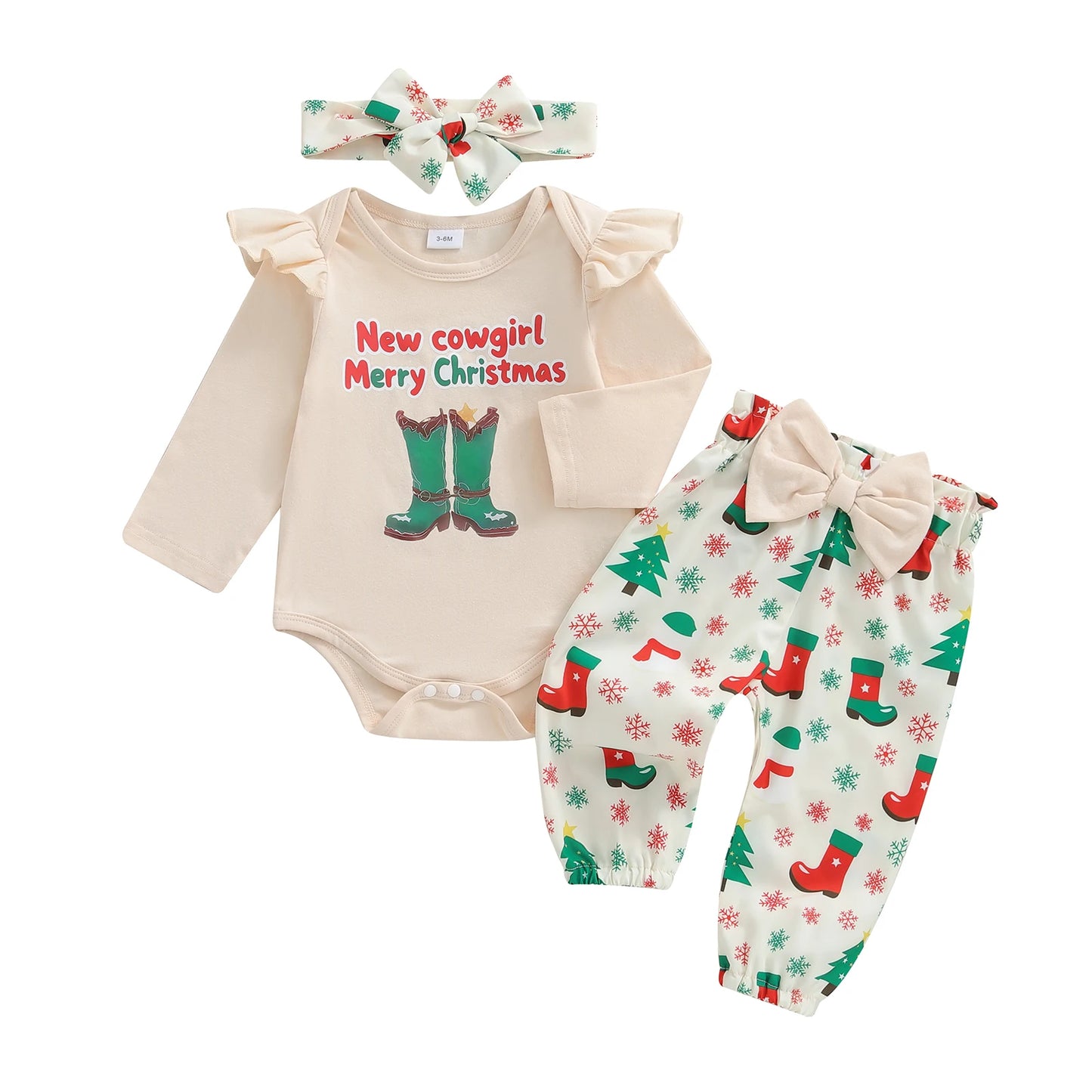 Baby Girls Christmas Outfit Set - 3-Piece Letter Long Sleeve Romper, Pants & Bow Headband (0-18M)
