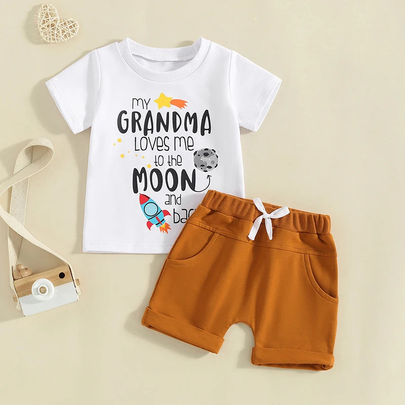 0-3Y Toddler Baby Boys Summer Clothes Sets Letter Rocket Print Short Sleeve T-Shirts Tops Elastic Waist Shorts