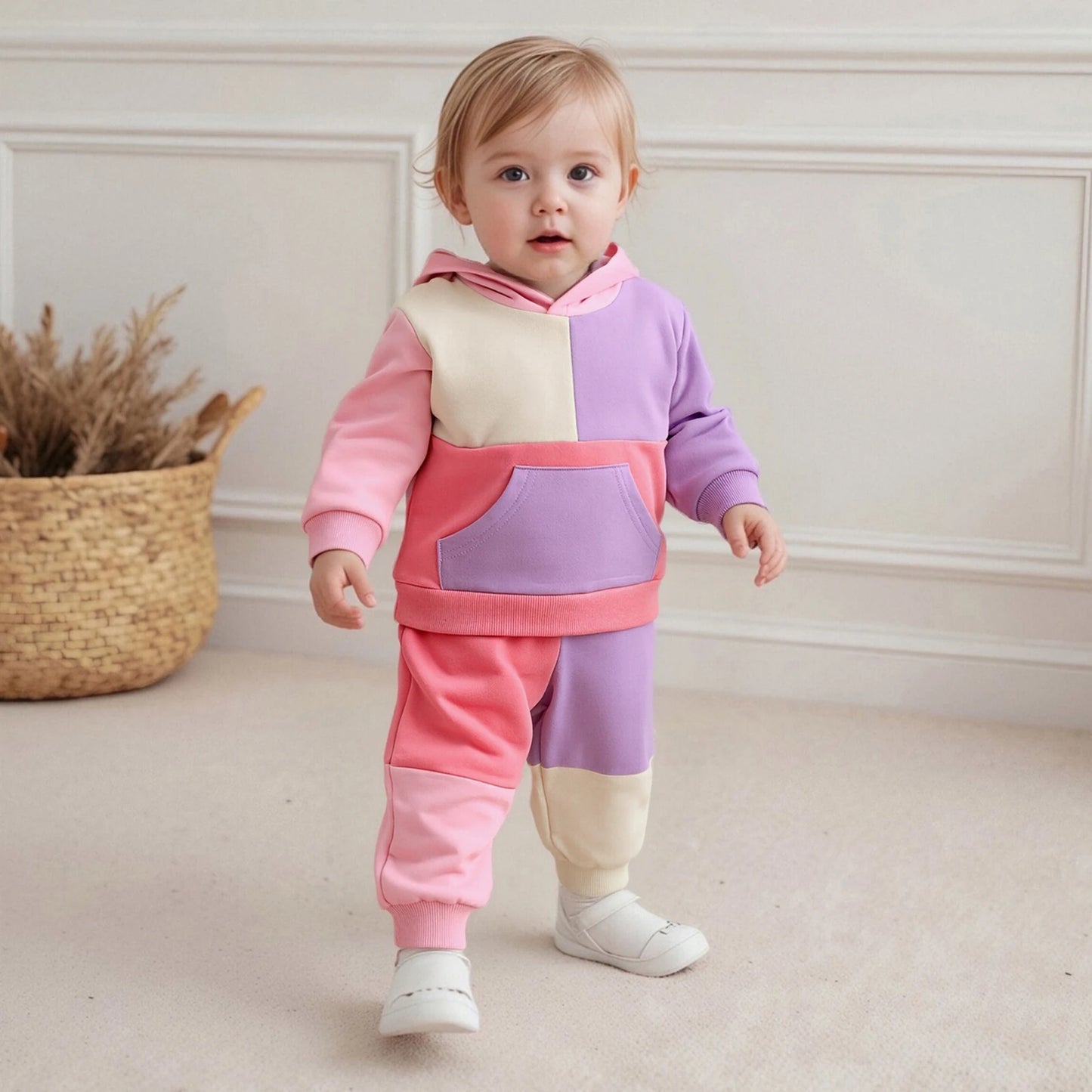 Kids Patchwork Hoodie and Pants Set - Casual Long Sleeve 2-Piece Outfit for Autumn Winter