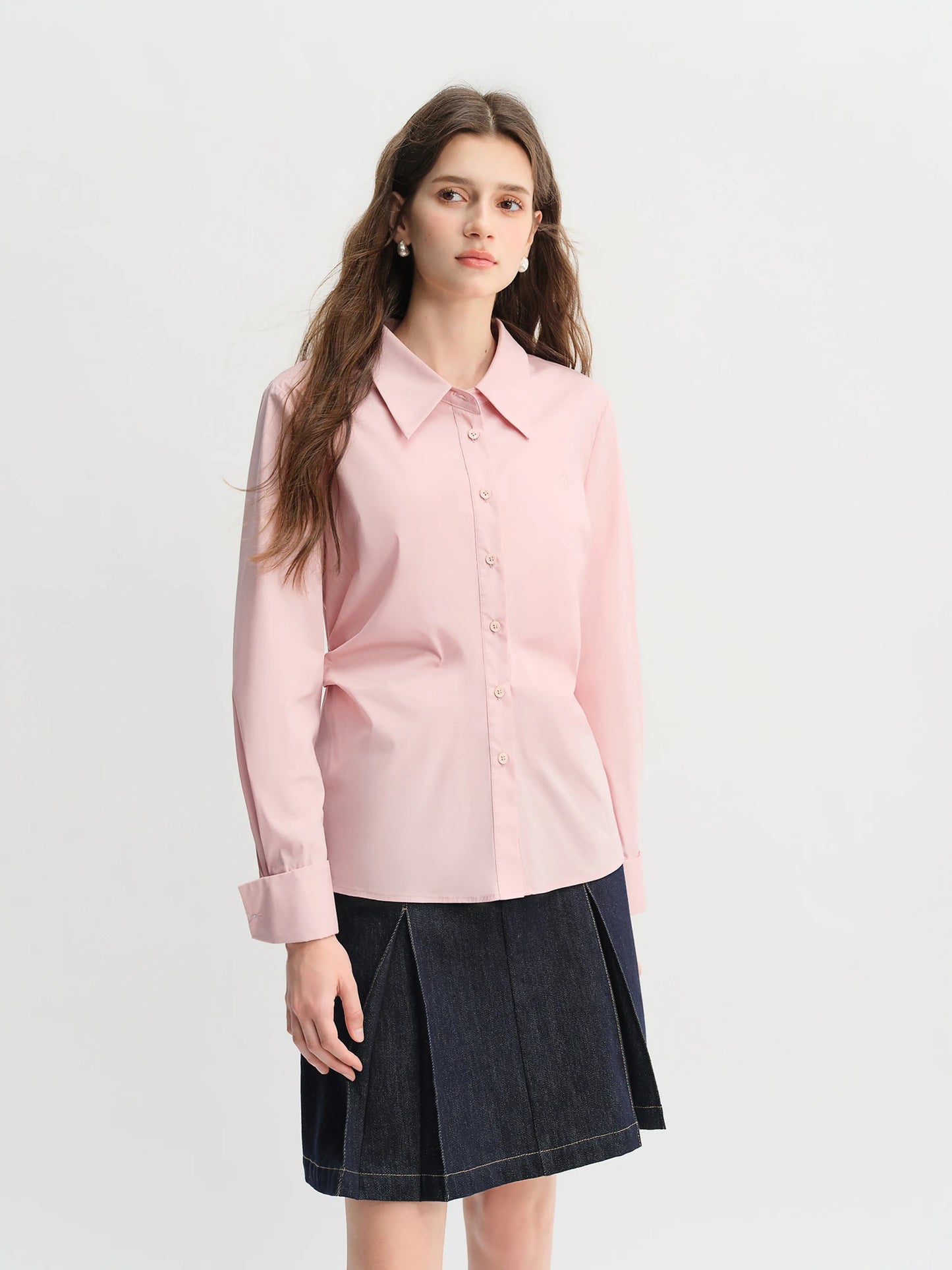 Pleated Tie-Waist Shirt & A-Line Skirt Suit - Tricolour Two-Piece