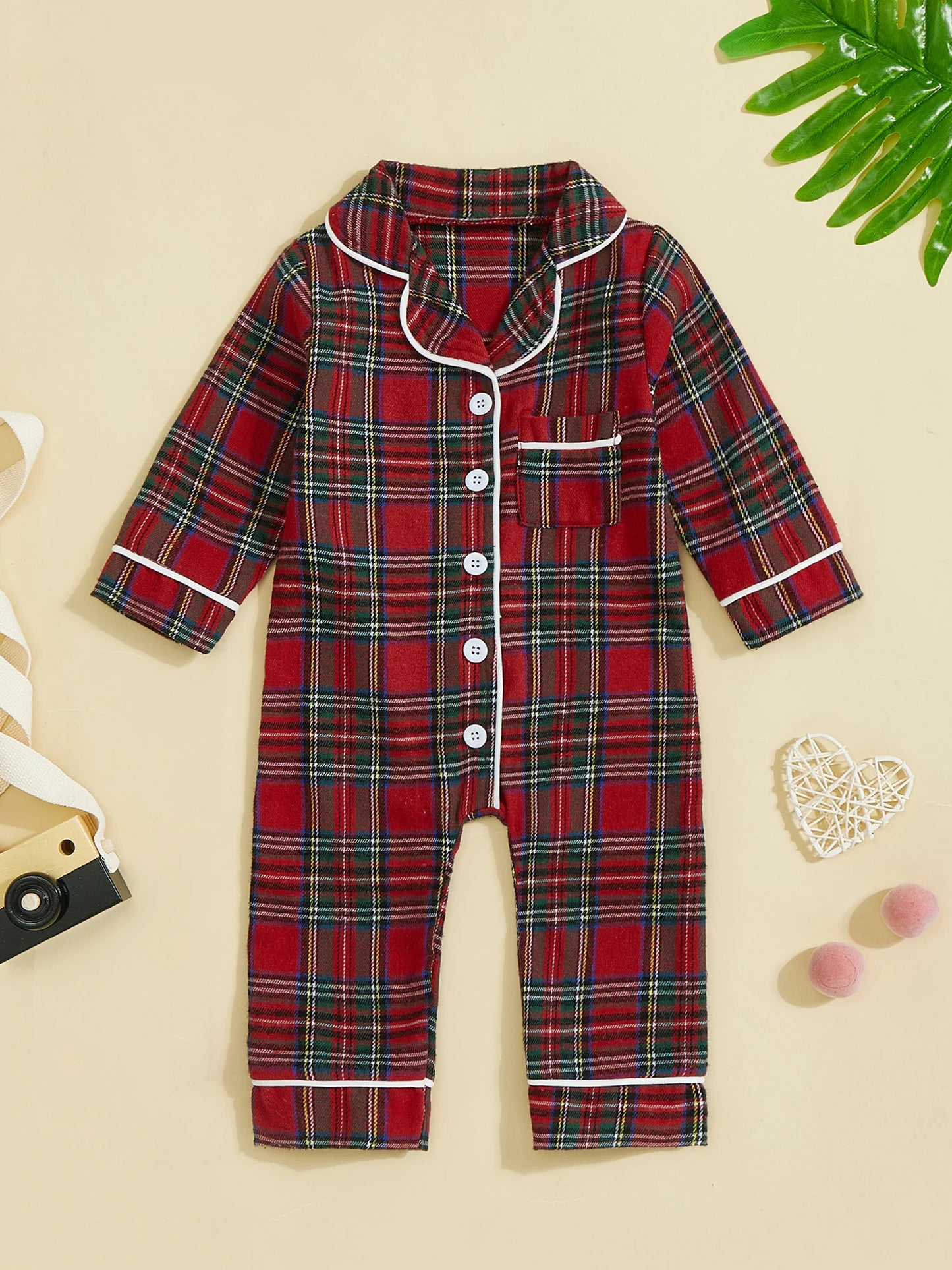 Baby Plaid Pajama Romper - Turn Down Collar Long Sleeve Bodysuit