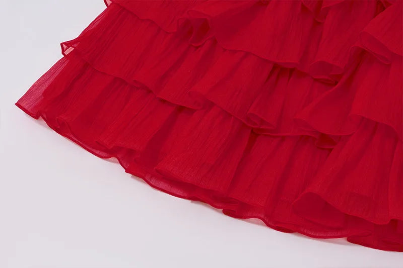 Women's Elegant Bow Detail Strapless Two Piece Set Outfit  Ruffle Red Top and Skirt Matching Set