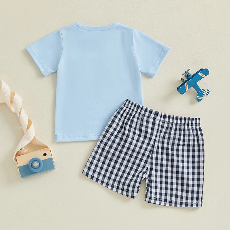 Baby Boys' Father's Day Outfit Set - Letter Heart Embroidery T-Shirt & Plaid Shorts 2pcs