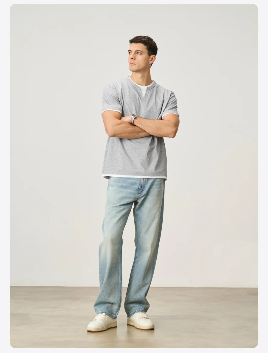 Men's Cool-Feel Sorona Fabric T-Shirt - 210gsm Fake Double Layer Oversize
