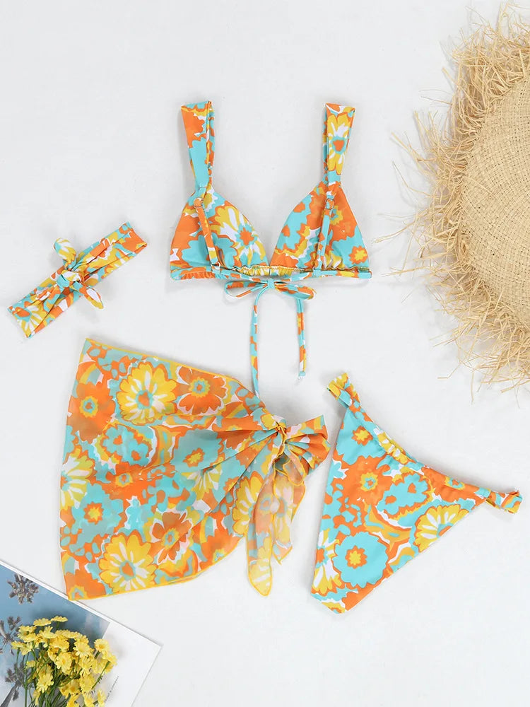 Women's 4 Pieces Set Thong Swimwear Floral Print Bikini Set With Skirt Cover Up Beachwear