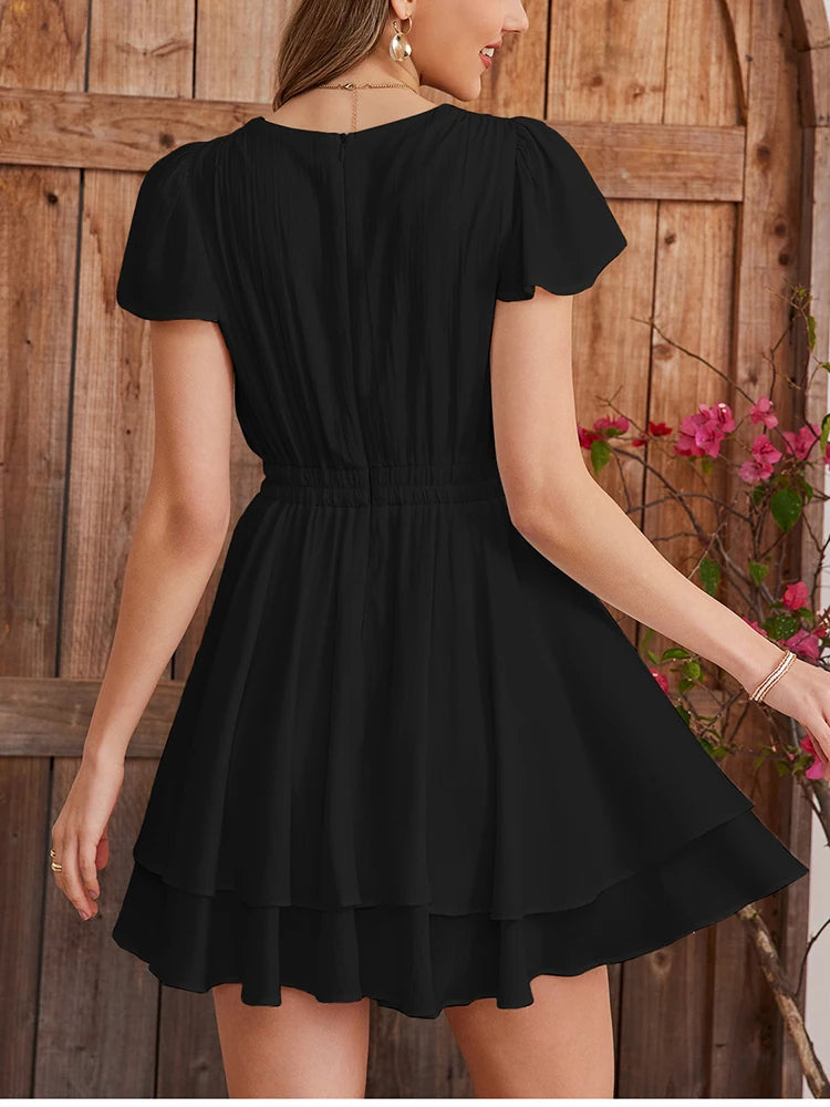 Women's Summer V-Neck Mini Dress - Crinkle Ruffled A-Line Sundress