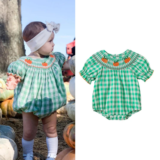 0-3Y Baby Girls Boys Romper Pumpkin Embroidered Plaid Print Short Sleeve Ruffled Jumpsuits