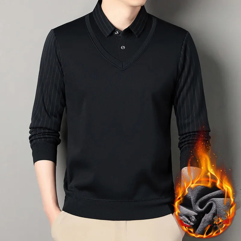 Fake Two Piece Knitted Sweater - Shirt Collar Smart Casual Fleece