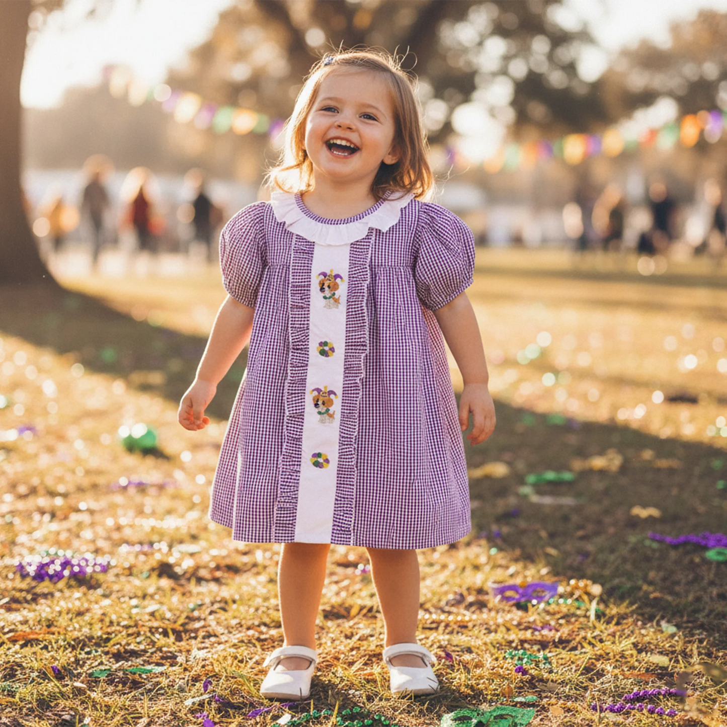 Girls Plaid A-Line Dress - Cartoon Embroidered Ruffle Trim Short Sleeve