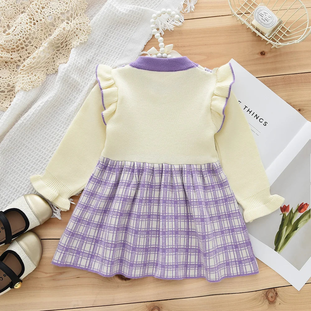 Girl's Long Sleeved Round Neck  with Checkered Bow Patchwork Dress