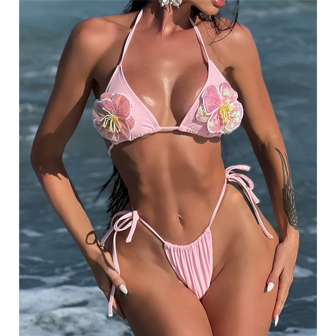 3D Flowers Halter High Leg Bikini Set